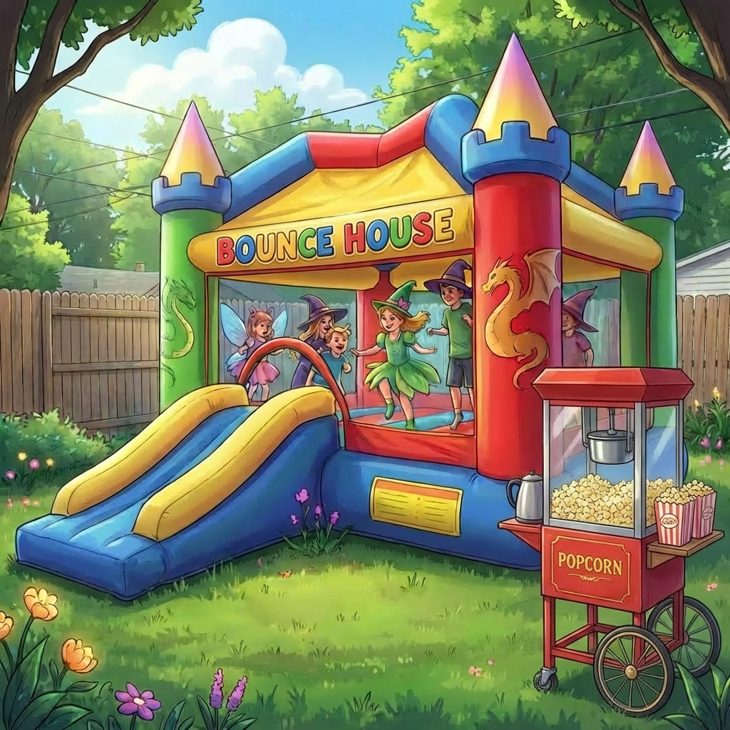 Children in costumes jumping inside a glowing, castle-themed bounce house under a full moon.