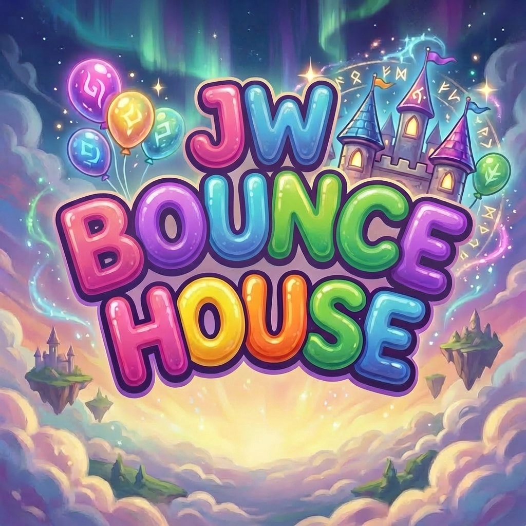 Colorful bubble letters spelling JWUNCE HOUSE against a magical fantasy sky with castles and runes.